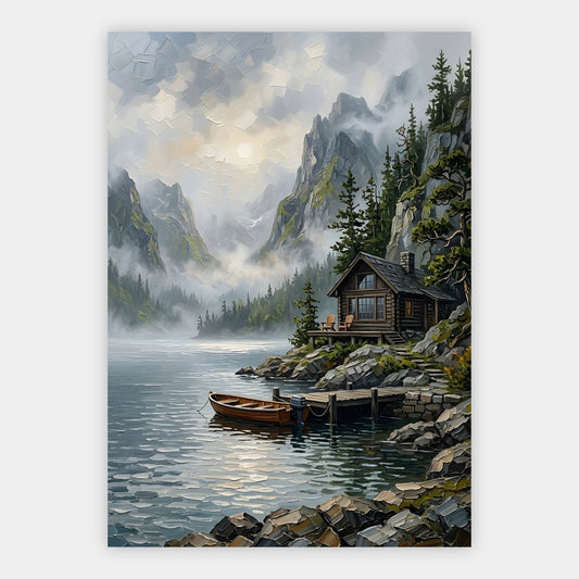 Waldhütte am nebelverhangenen Bergsee mit Ruderboot am Steg