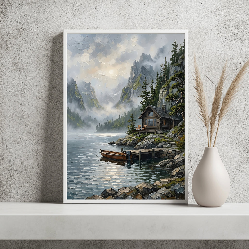 Waldhütte am nebelverhangenen Bergsee mit Ruderboot am Steg