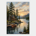 Holzhütte am Bergsee mit Boot im goldenen Abendlicht