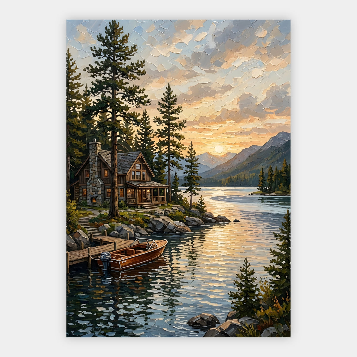 Holzhütte am Bergsee mit Boot im goldenen Abendlicht