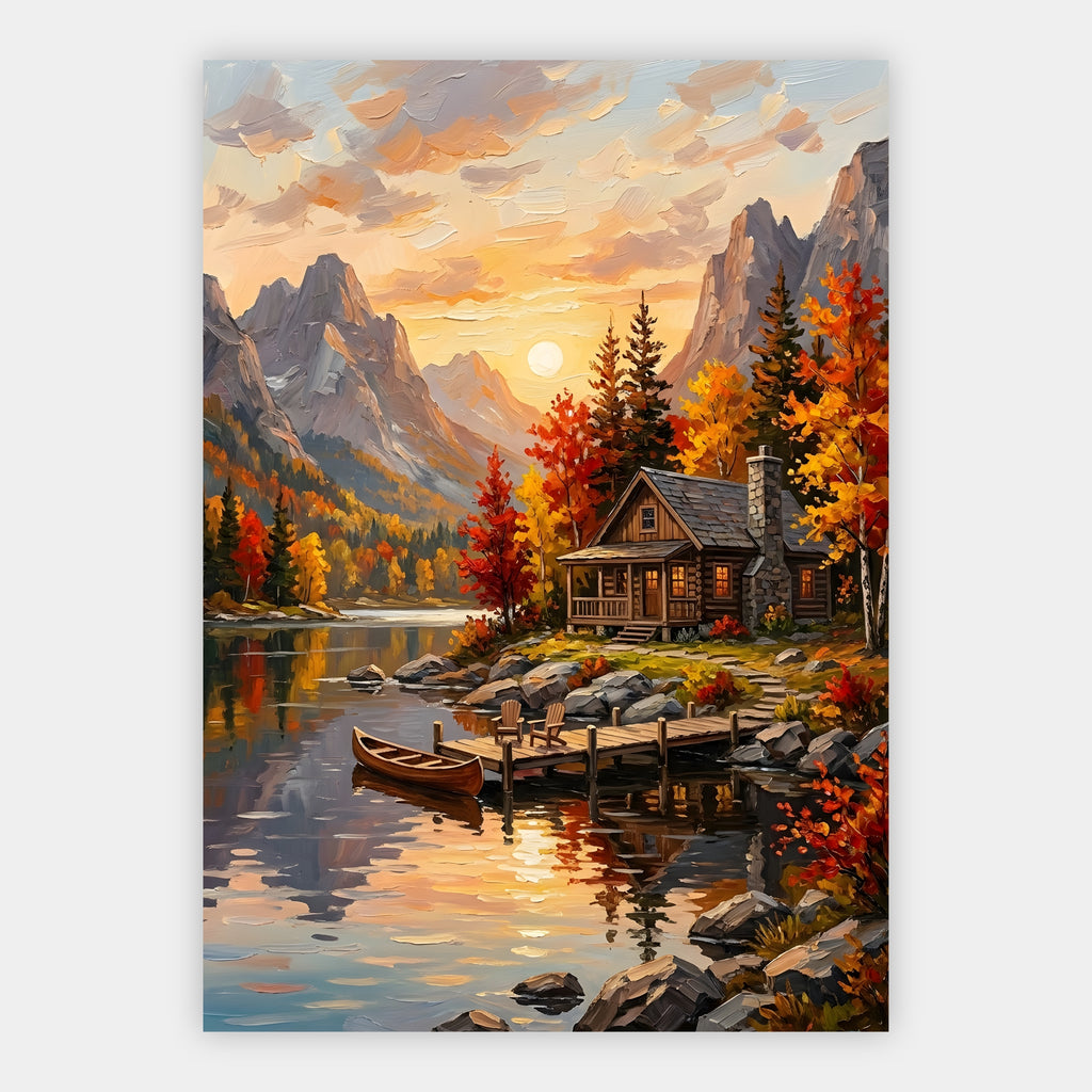 Steinhütte am Bergsee umgeben von buntem Herbstlaub bei Sonnenuntergang