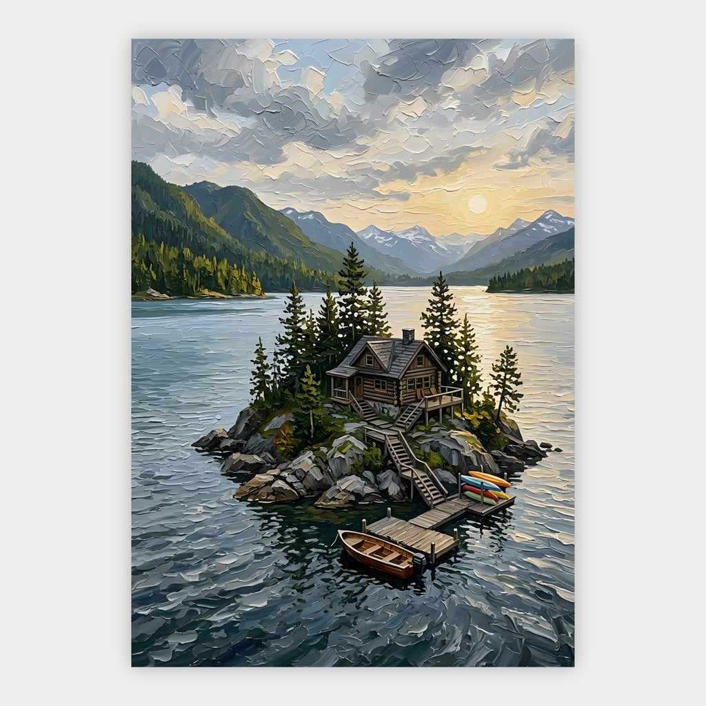 Kleine Inselhütte mit Kajaks am Steg bei Sonnenuntergang