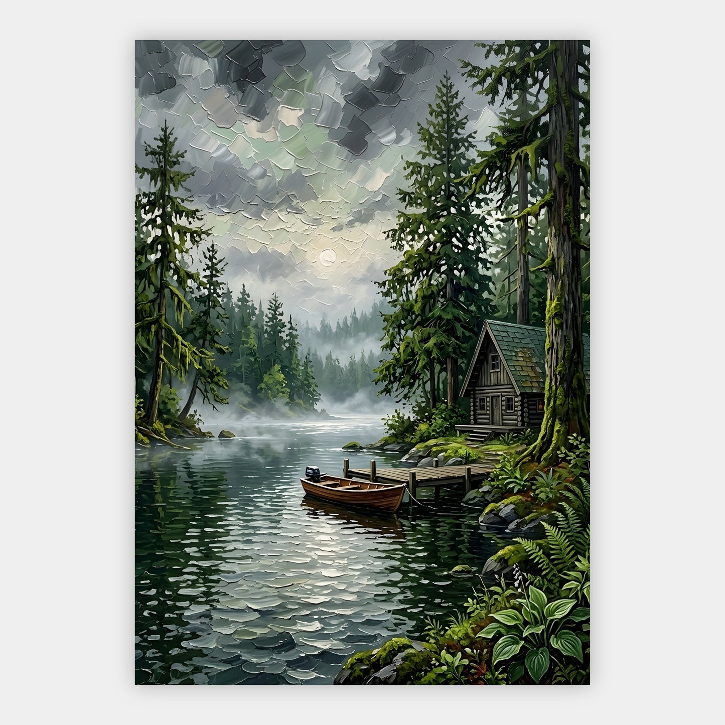 Blockhütte im Nebelwald am See mit angebundenem Ruderboot