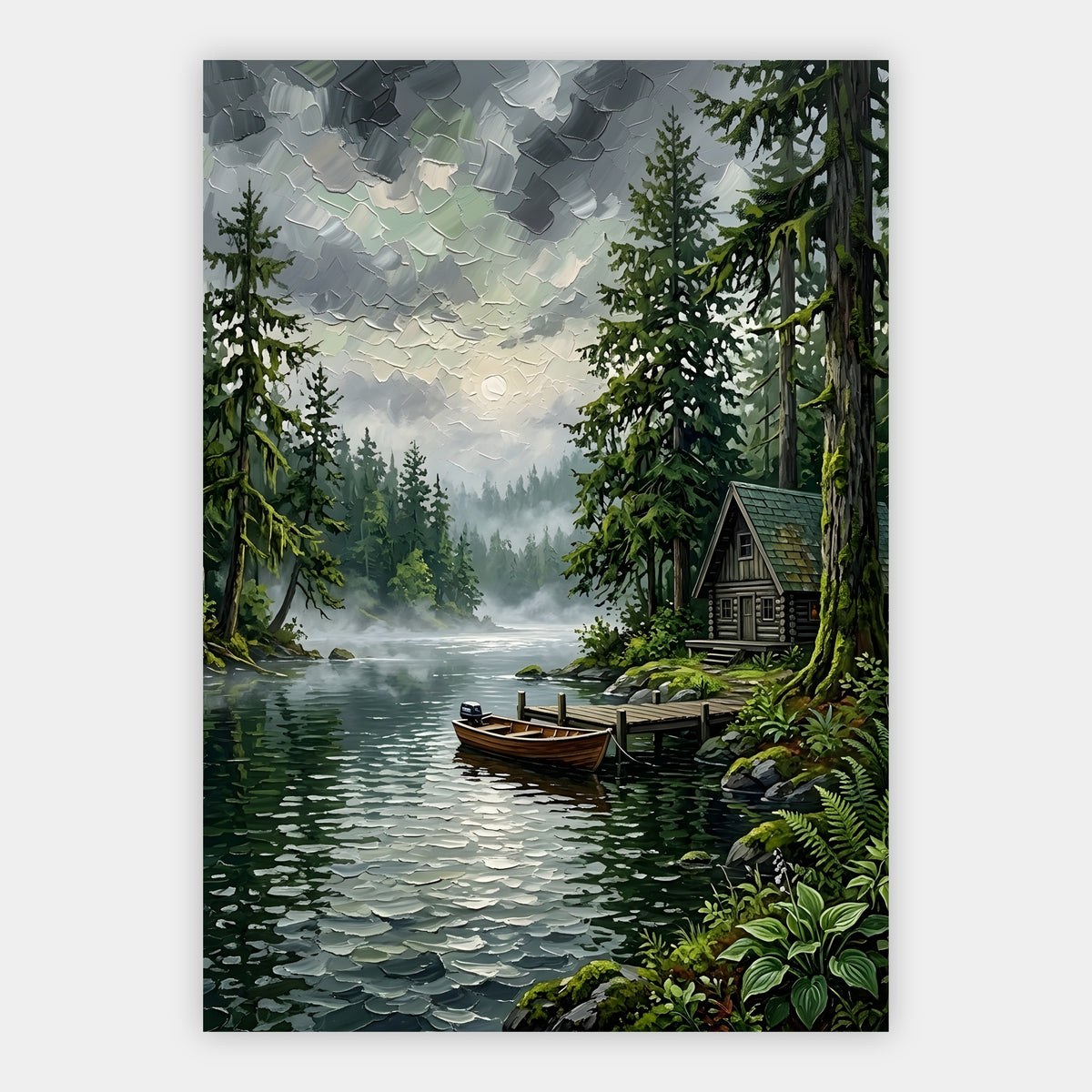 Blockhütte im Nebelwald am See mit angebundenem Ruderboot