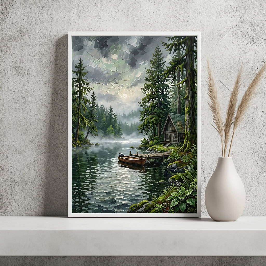Blockhütte im Nebelwald am See mit angebundenem Ruderboot