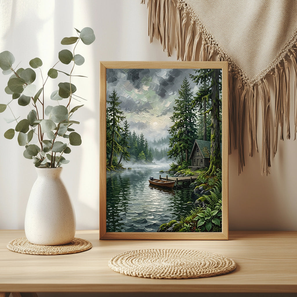 Blockhütte im Nebelwald am See mit angebundenem Ruderboot