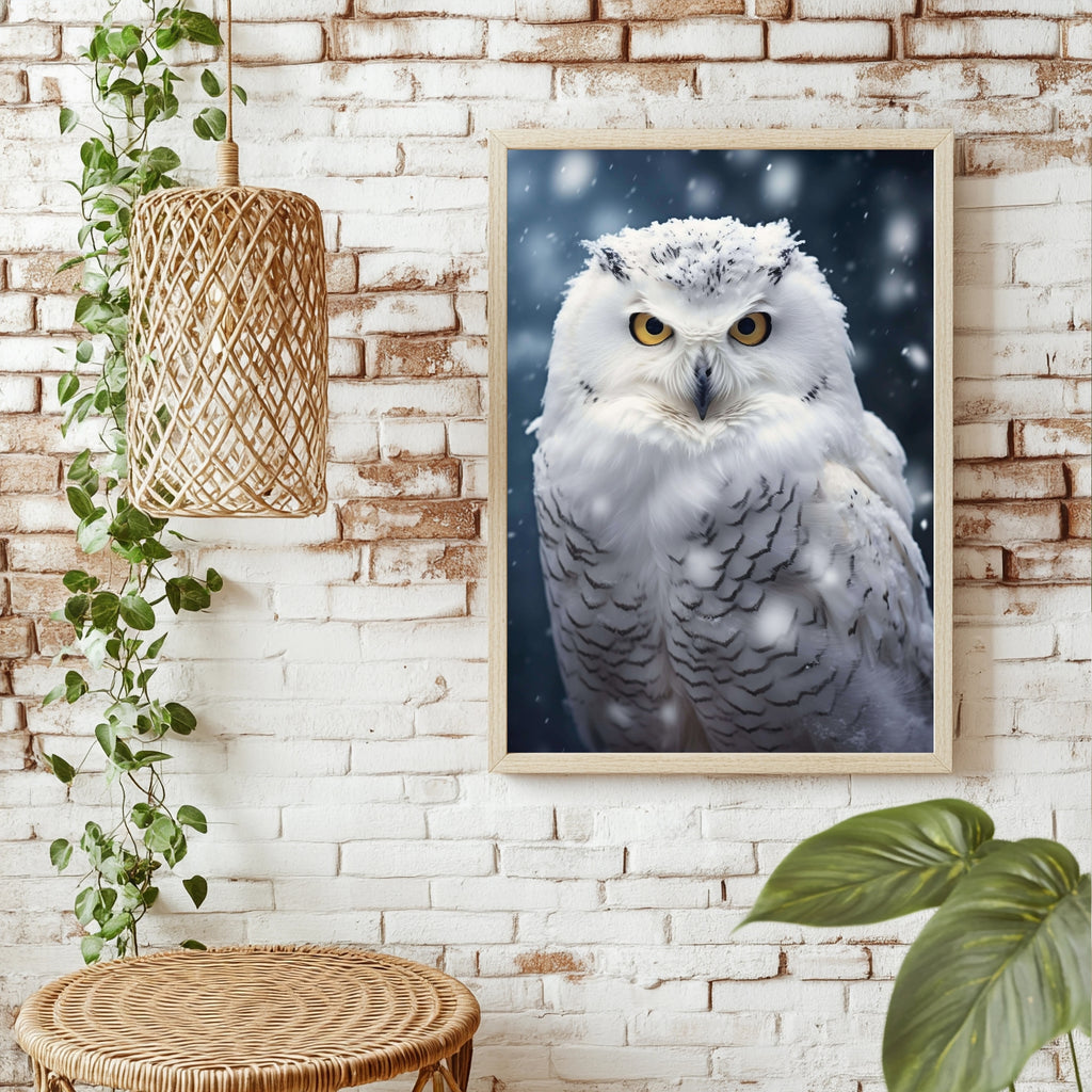 Schneeeule im Schneefall Poster – Raumansicht 1