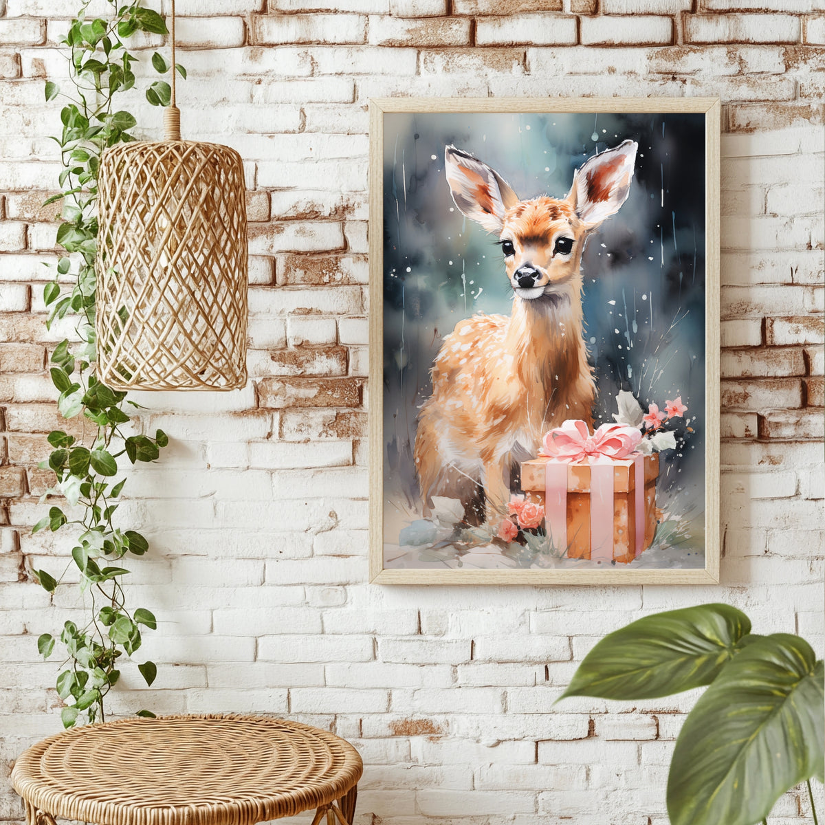 Rehkitz mit Geschenk Poster – Raumansicht 1