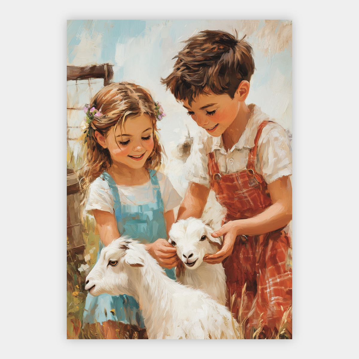 Kinder mit kleiner Ziege Poster – Freisteller