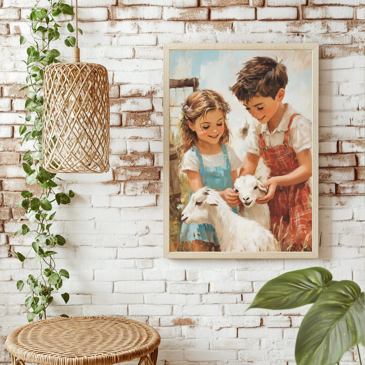 Kinder mit kleiner Ziege Poster – Raumansicht 1