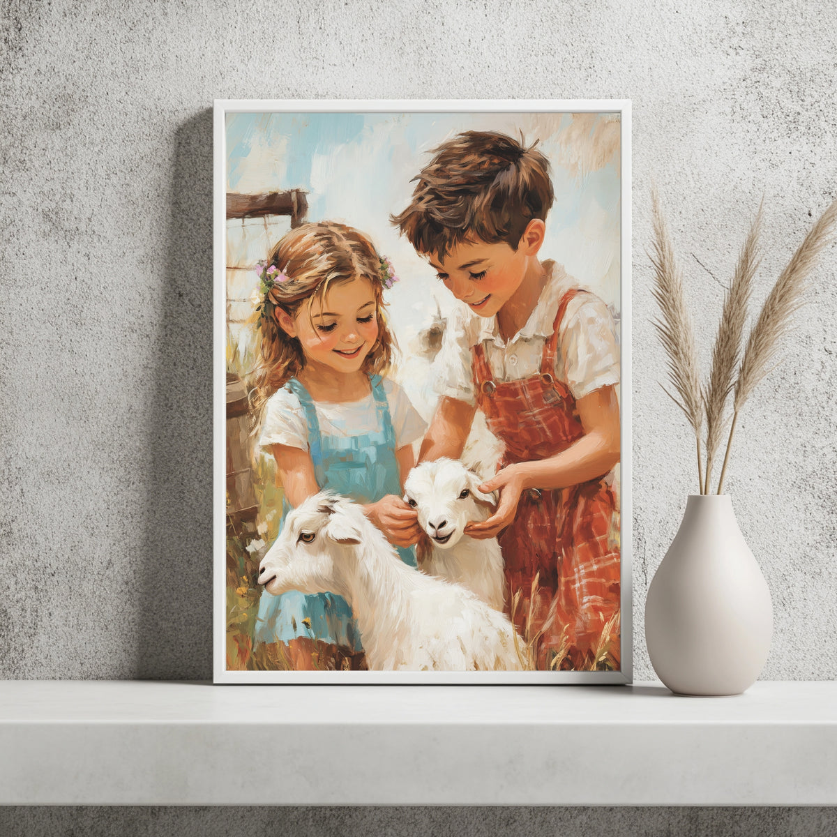 Kinder mit kleiner Ziege Poster – Raumansicht 2