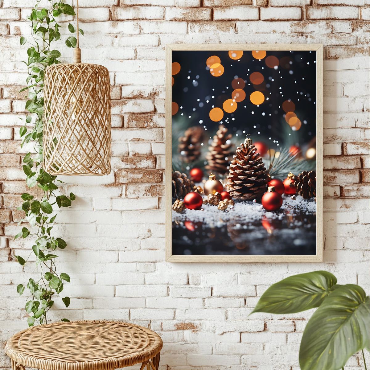 Tannenzapfen und Christbaumkugeln Poster – Raumansicht 1