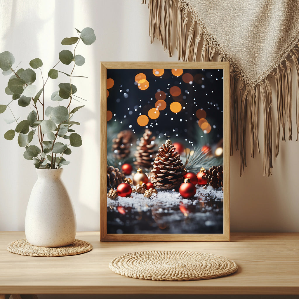 Tannenzapfen und Christbaumkugeln Poster – Raumansicht 3