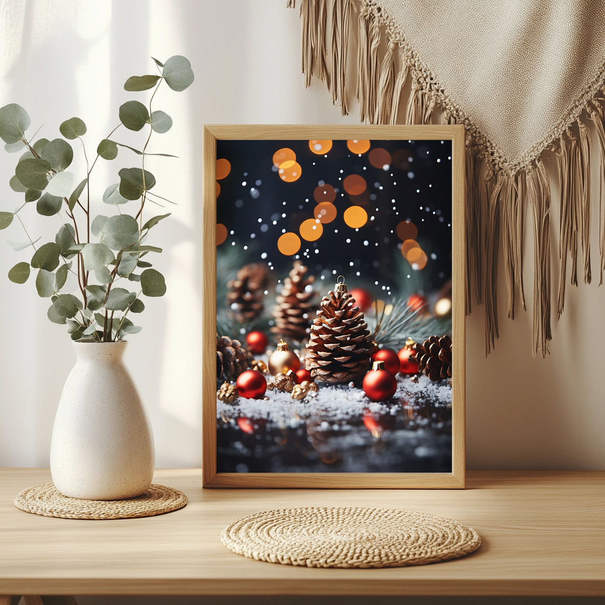 Tannenzapfen und Christbaumkugeln Poster – Raumansicht 3