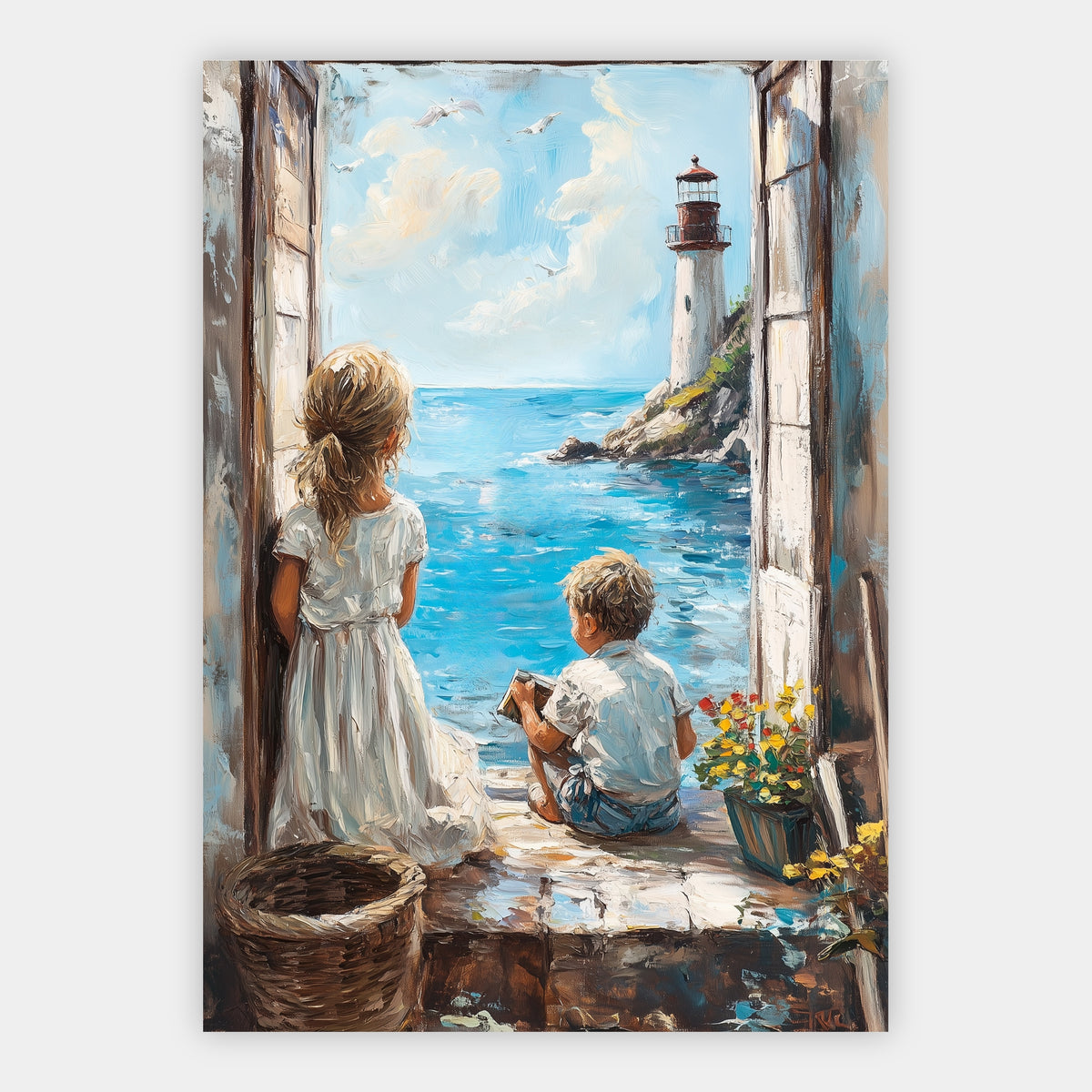 Kinder am Fenster zum Leuchtturm Poster – Freisteller