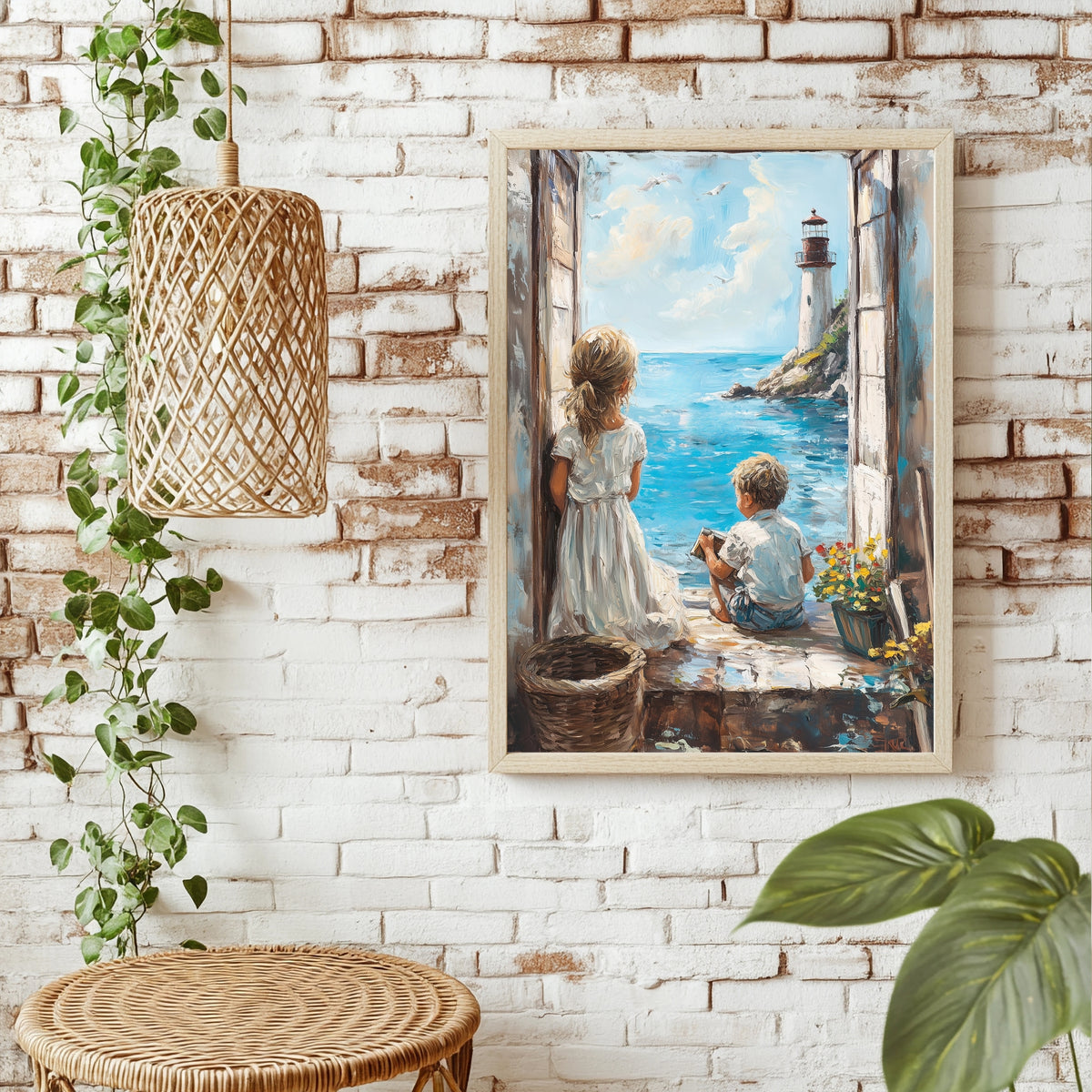 Kinder am Fenster zum Leuchtturm Poster – Raumansicht 1