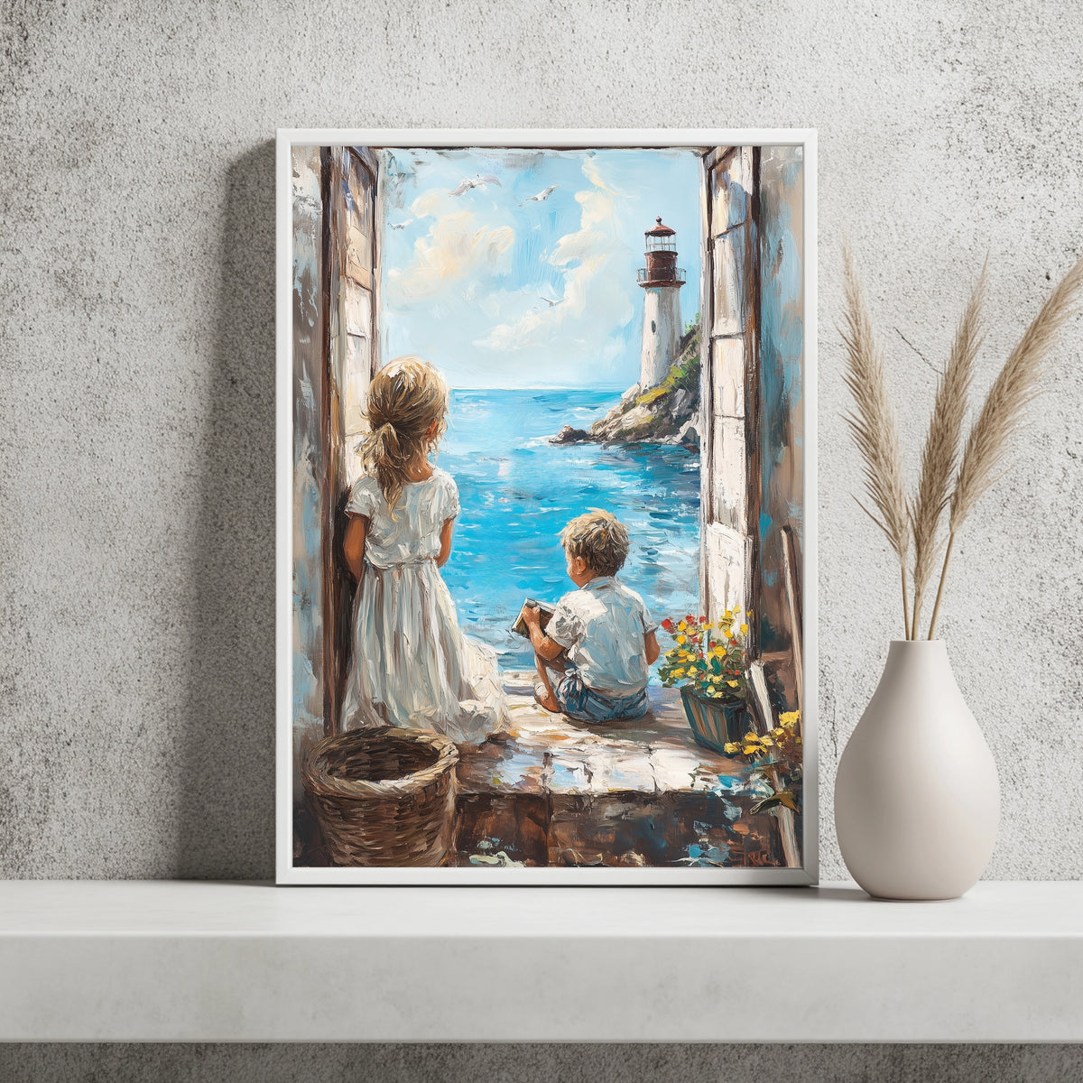 Kinder am Fenster zum Leuchtturm Poster – Raumansicht 2