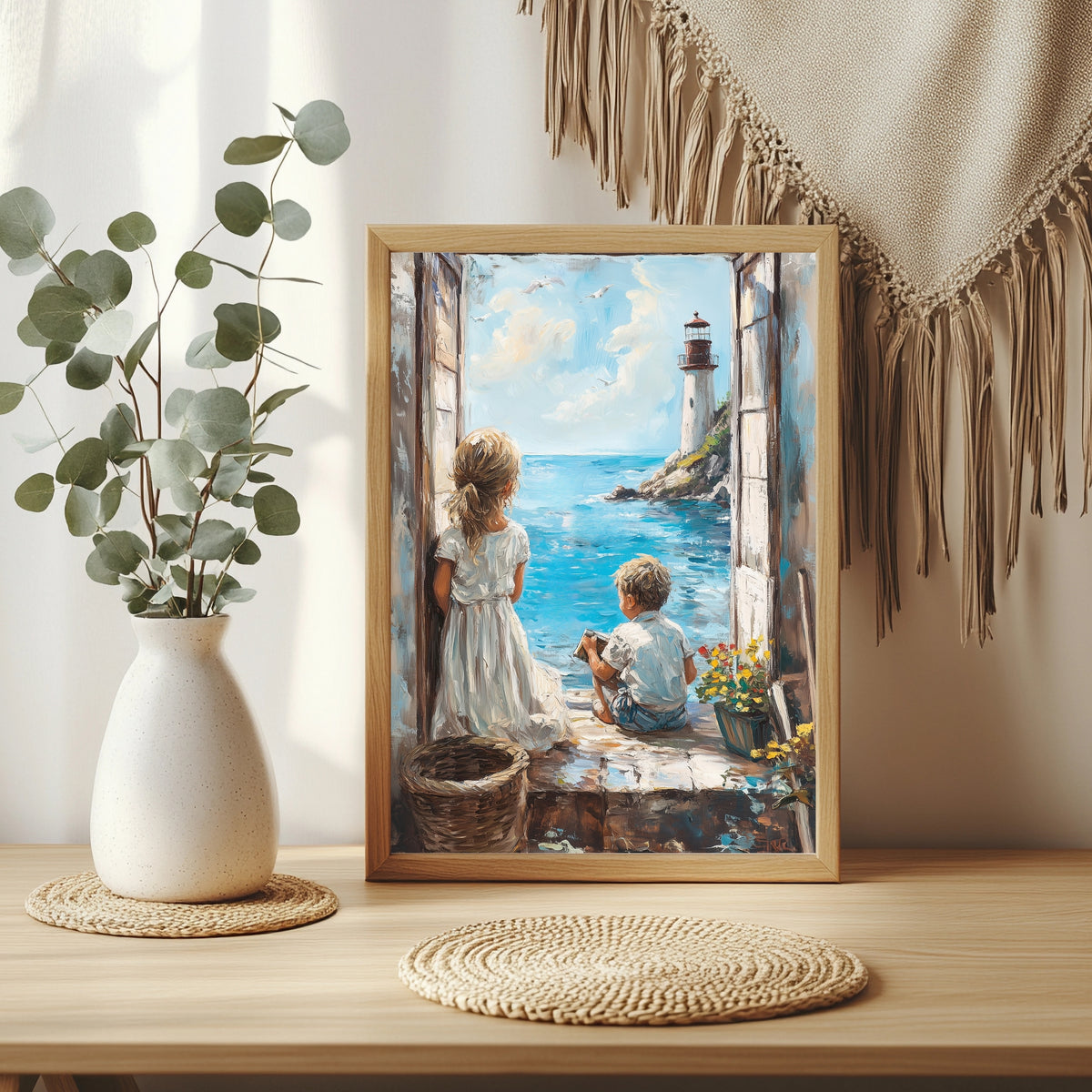 Kinder am Fenster zum Leuchtturm Poster – Raumansicht 3