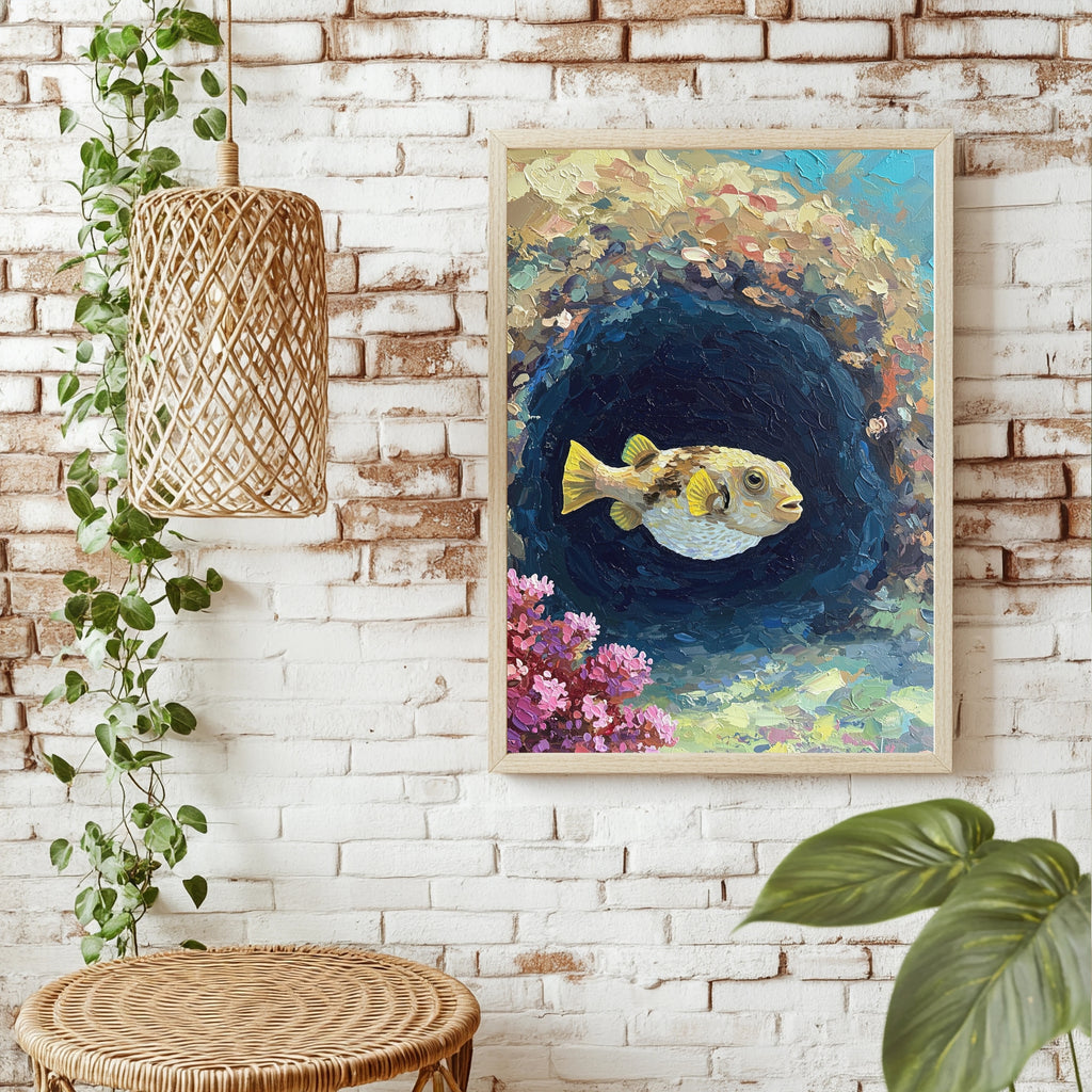 Kugelfisch in der Unterwasserhöhle Poster – Raumansicht 1