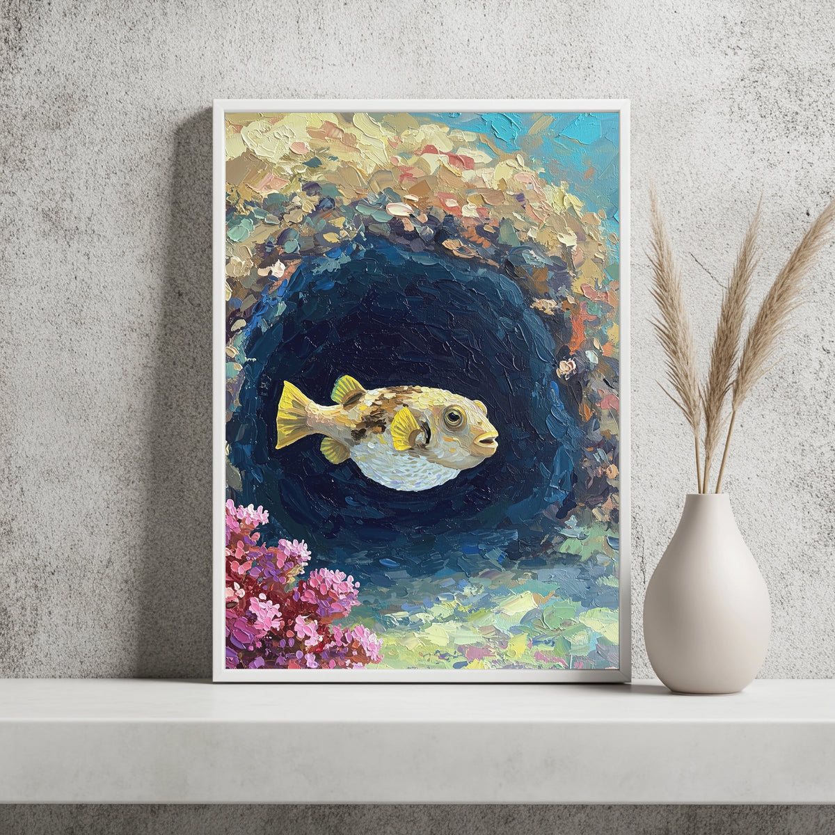 Kugelfisch in der Unterwasserhöhle Poster – Raumansicht 2