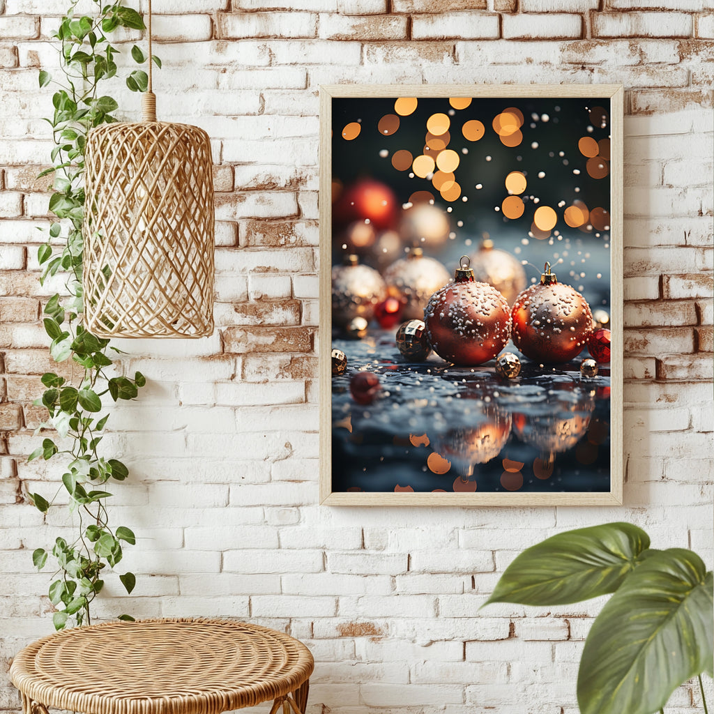 Rote Weihnachtskugeln im Schnee Poster – Raumansicht 1