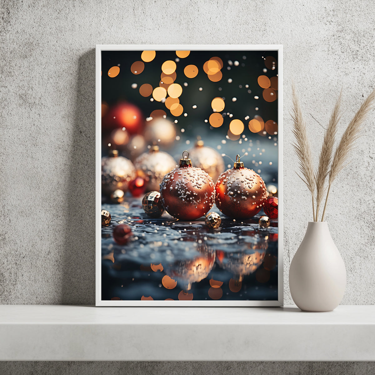 Rote Weihnachtskugeln im Schnee Poster – Raumansicht 2