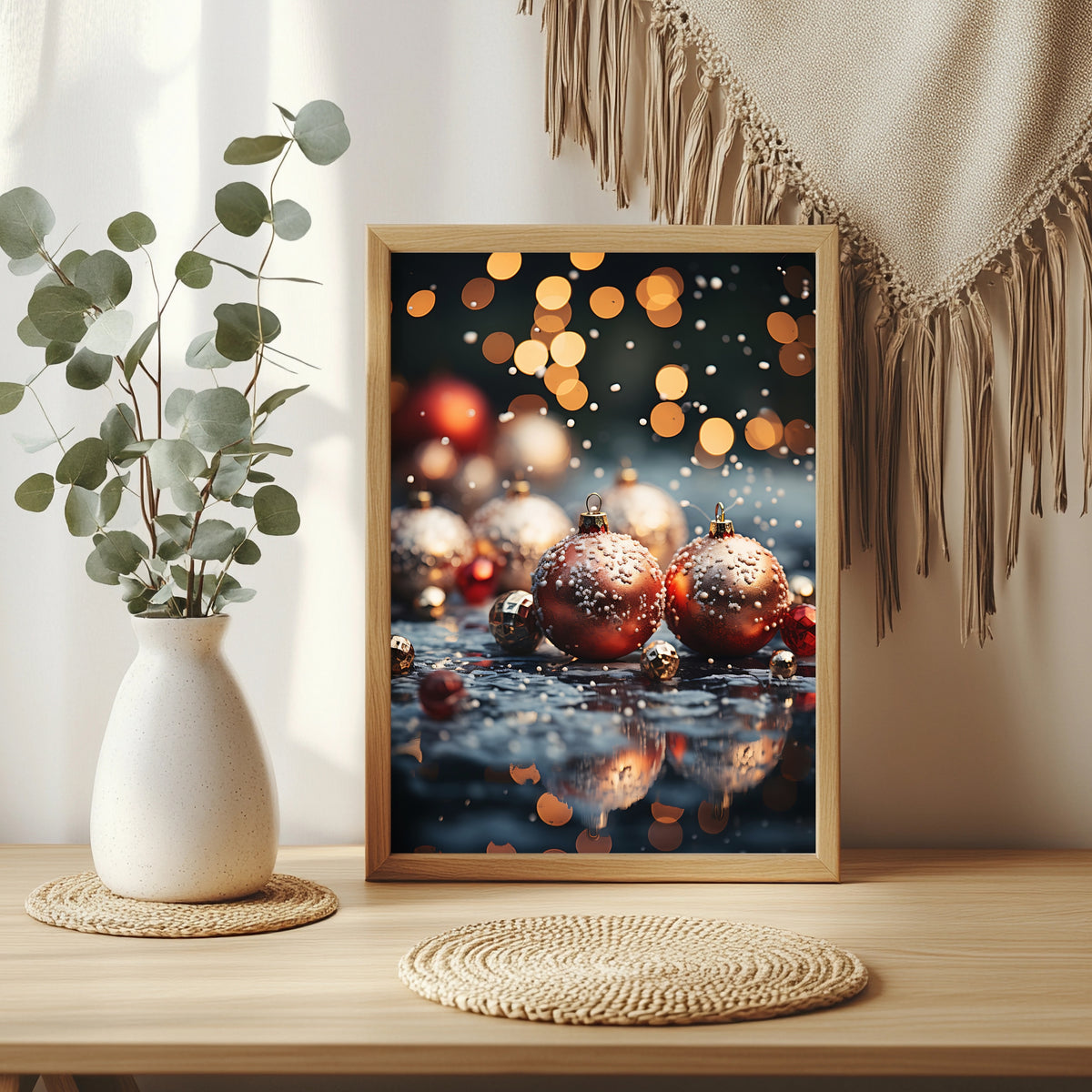 Rote Weihnachtskugeln im Schnee Poster – Raumansicht 3