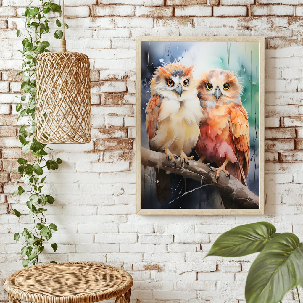 Zwei Eulen in Pastellfarben Poster – Raumansicht 1