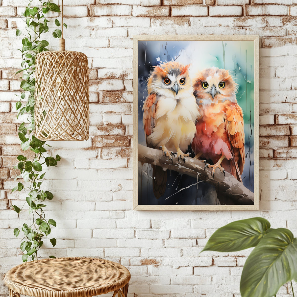Zwei Eulen in Pastellfarben Poster – Raumansicht 1