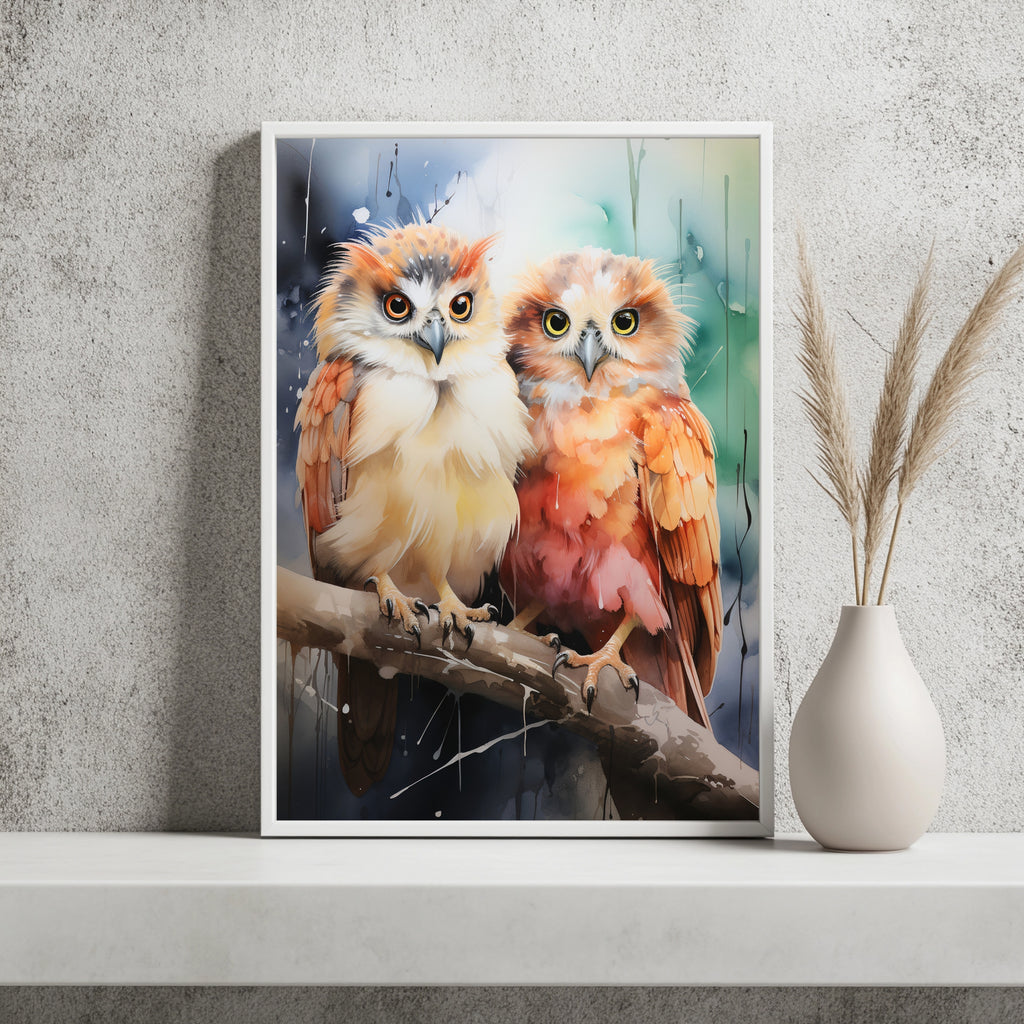Zwei Eulen in Pastellfarben Poster – Raumansicht 2