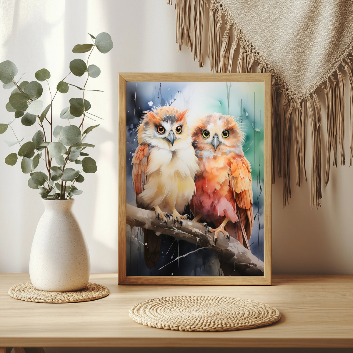 Zwei Eulen in Pastellfarben Poster – Raumansicht 3