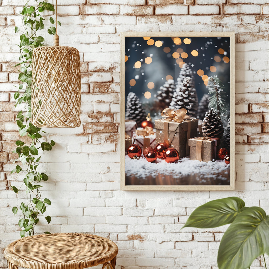 Geschenke zwischen kleinen Tannen Poster – Raumansicht 1