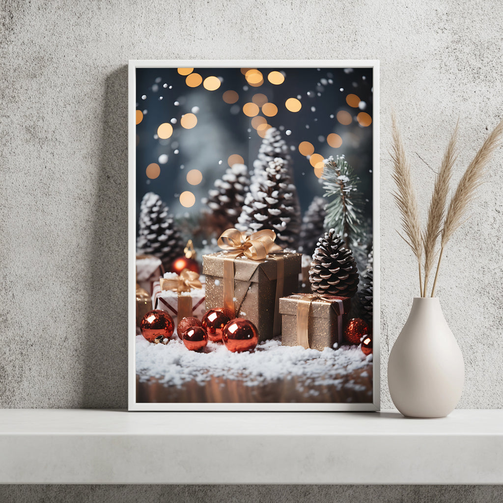 Geschenke zwischen kleinen Tannen Poster – Raumansicht 2