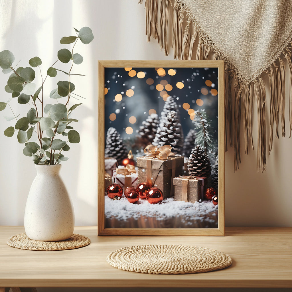 Geschenke zwischen kleinen Tannen Poster – Raumansicht 3
