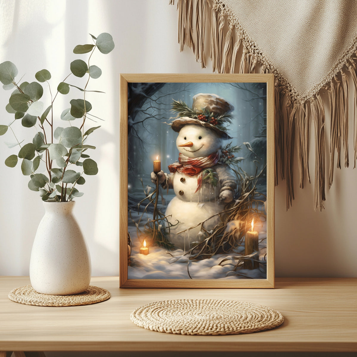 Schneemann im Kerzenlicht Poster – Raumansicht 3