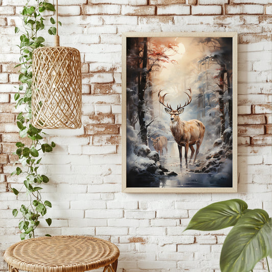Hirsch im Winterwald Poster – Raumansicht 1