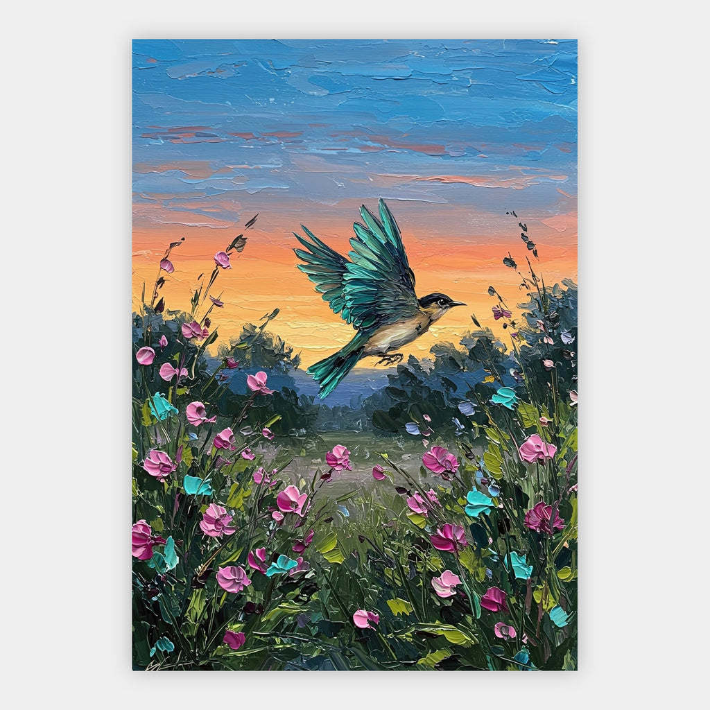 Kolibri über Blütenwiese Poster – Freisteller