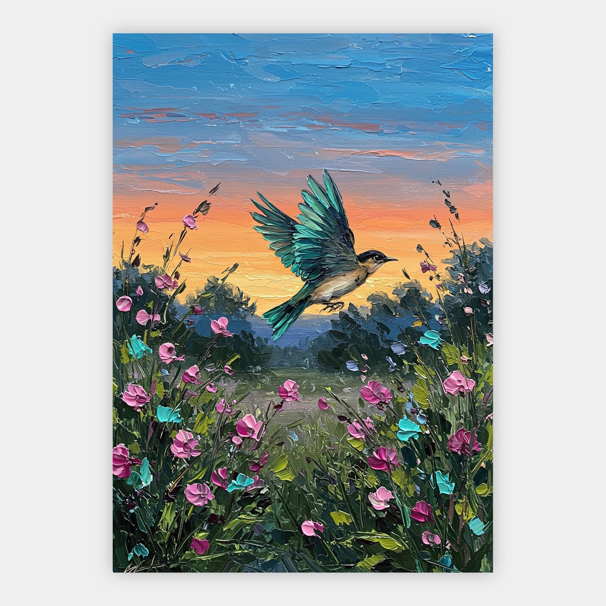 Kolibri über Blütenwiese Poster – Freisteller