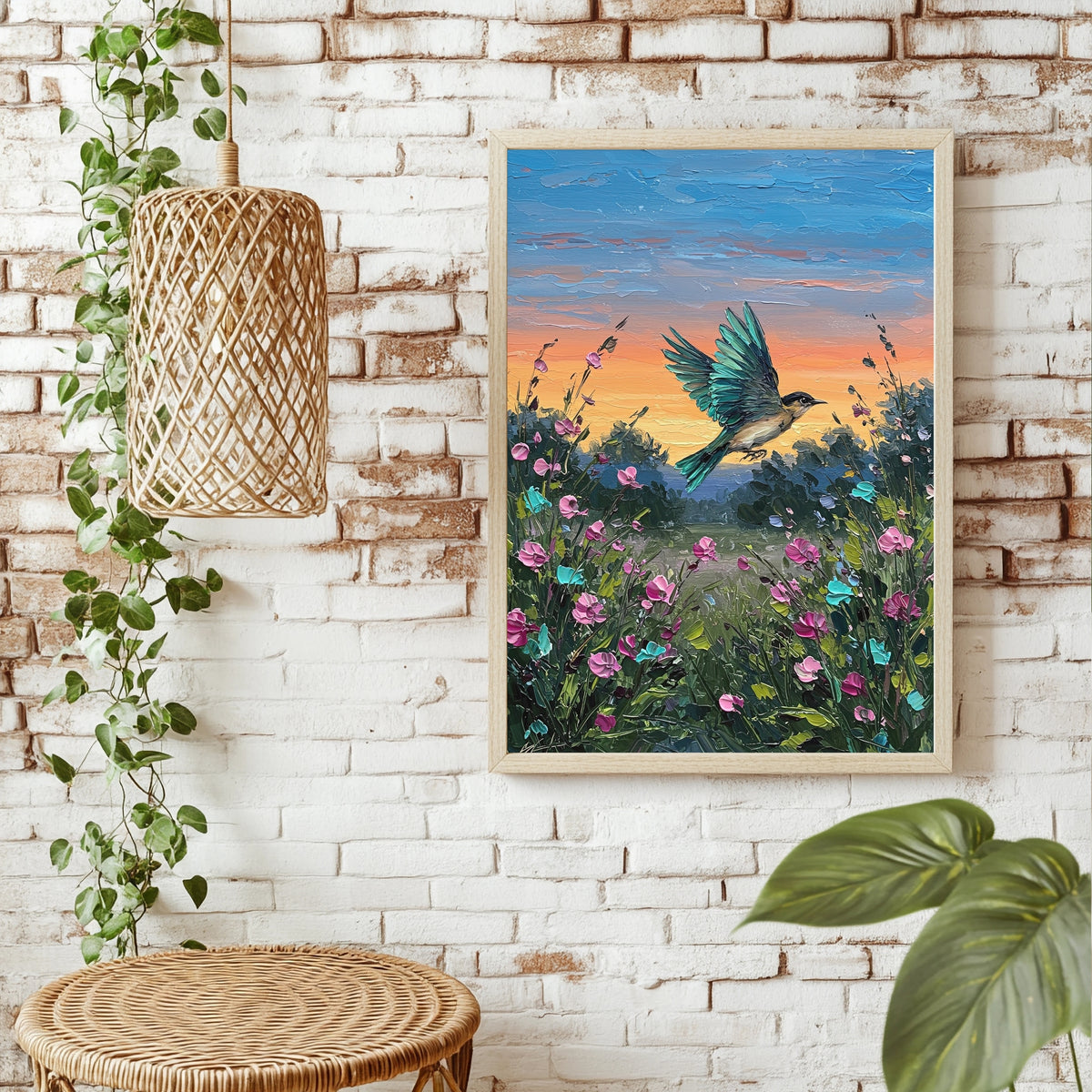 Kolibri über Blütenwiese Poster – Raumansicht 1