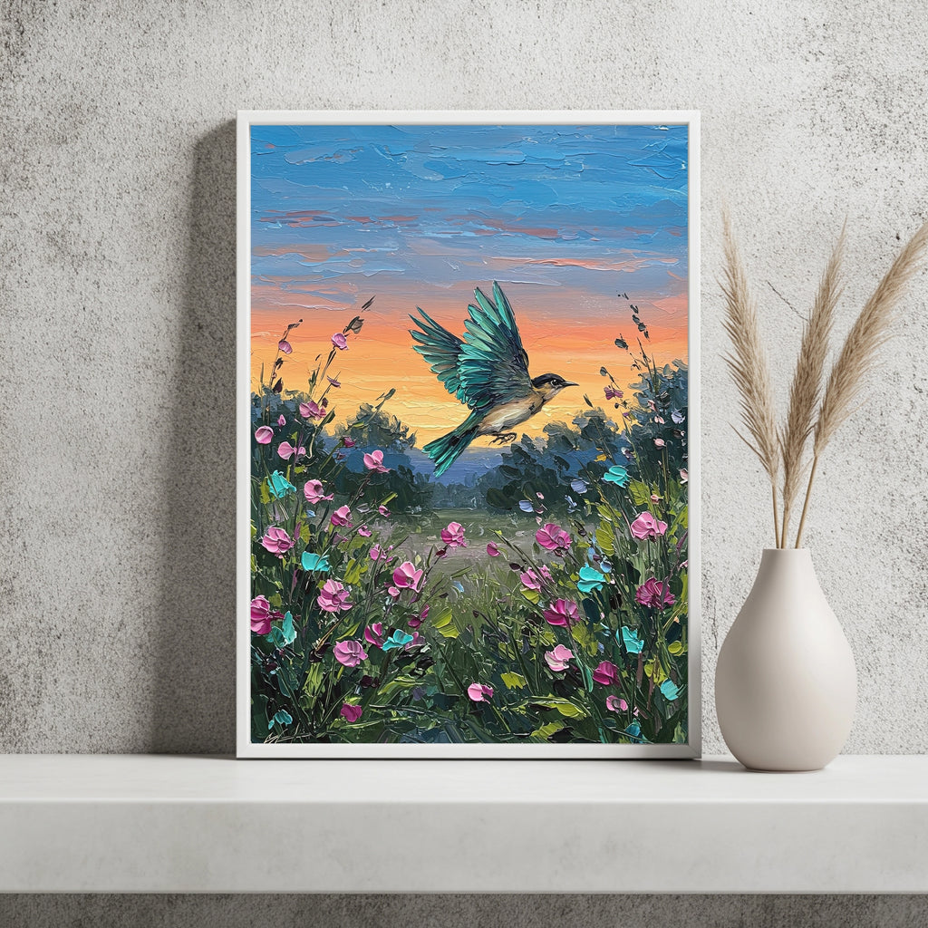 Kolibri über Blütenwiese Poster – Raumansicht 2