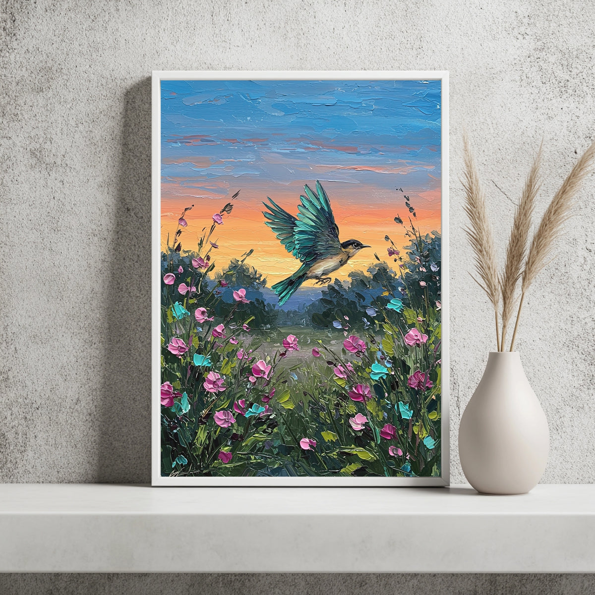 Kolibri über Blütenwiese Poster – Raumansicht 2