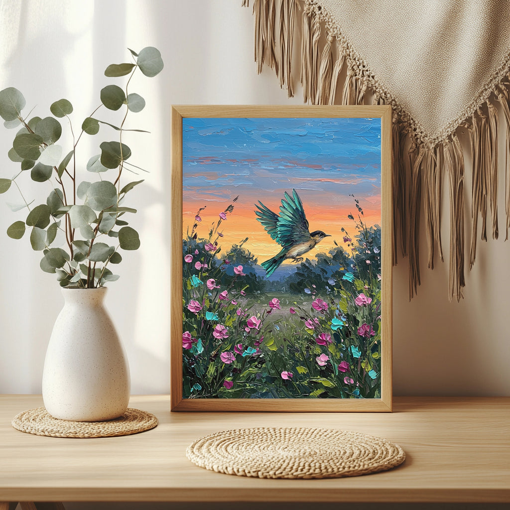 Kolibri über Blütenwiese Poster – Raumansicht 3