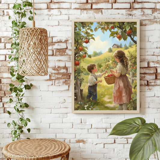 Kinder bei der Apfelernte Poster – Raumansicht 1