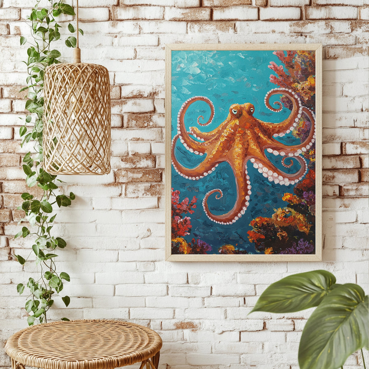 Oktopus in Orange und Türkis Poster – Raumansicht 1