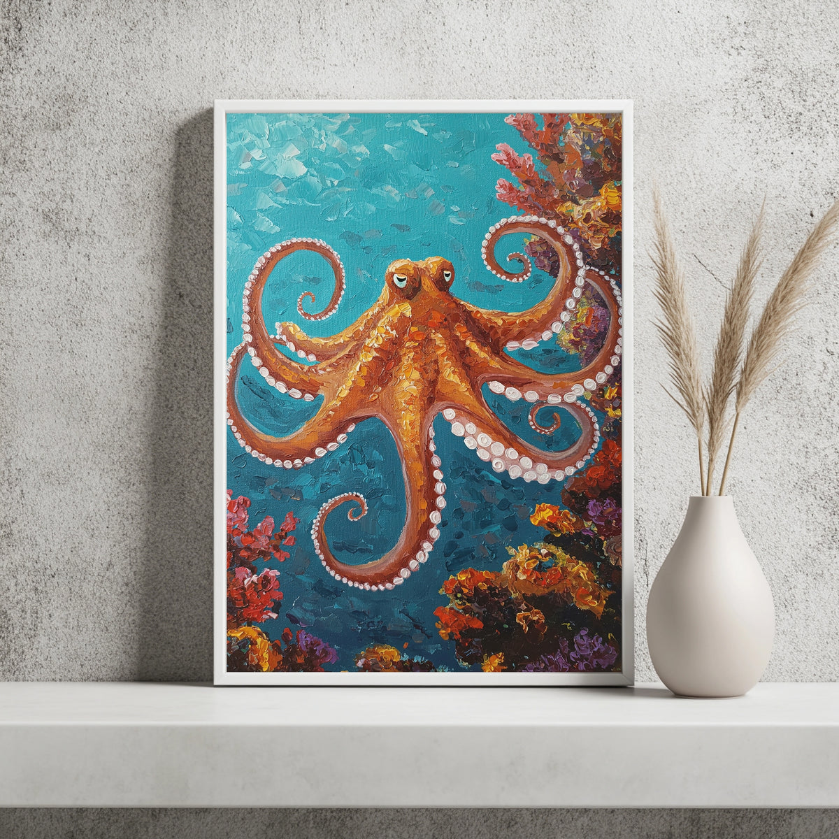 Oktopus in Orange und Türkis Poster – Raumansicht 2