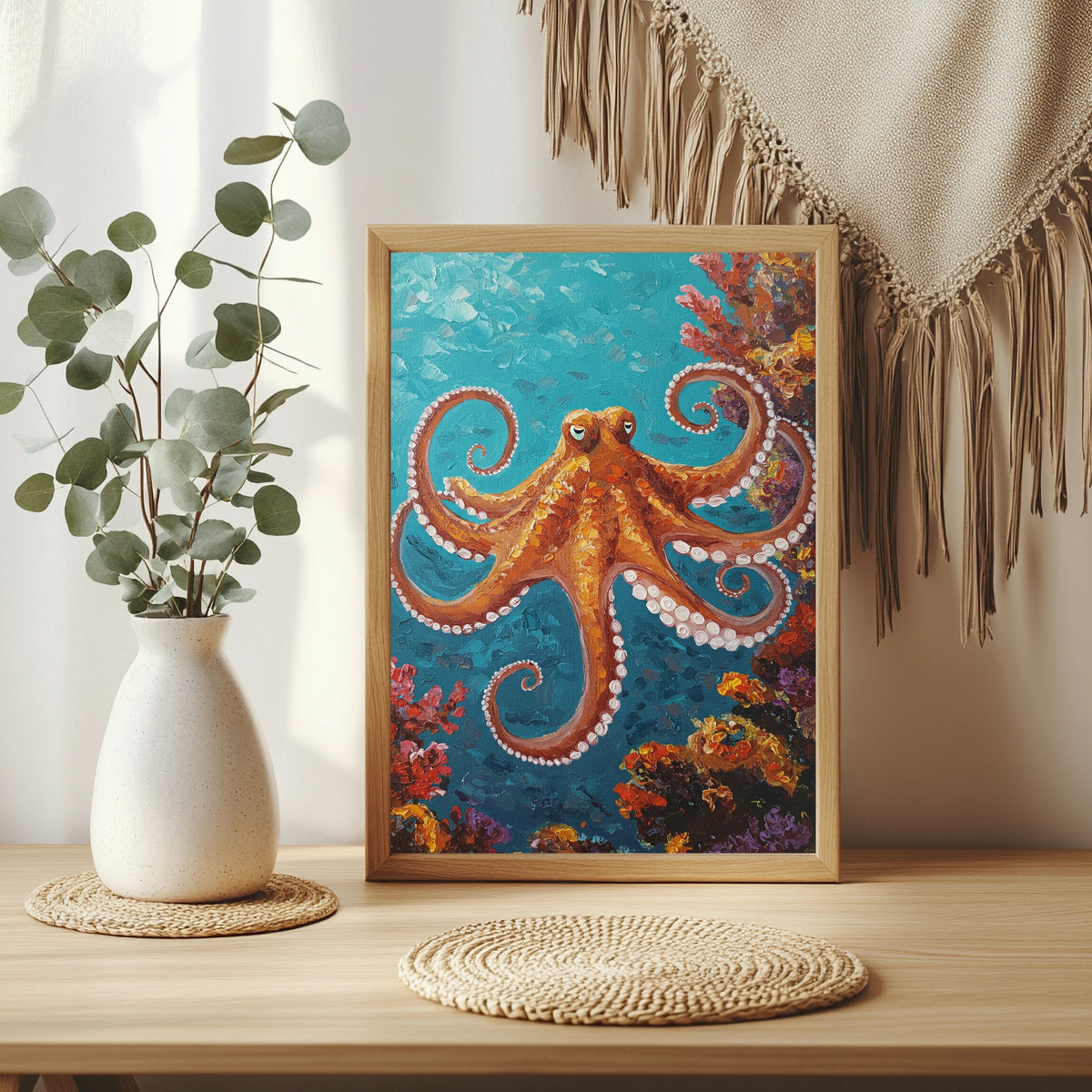 Oktopus in Orange und Türkis Poster – Raumansicht 3