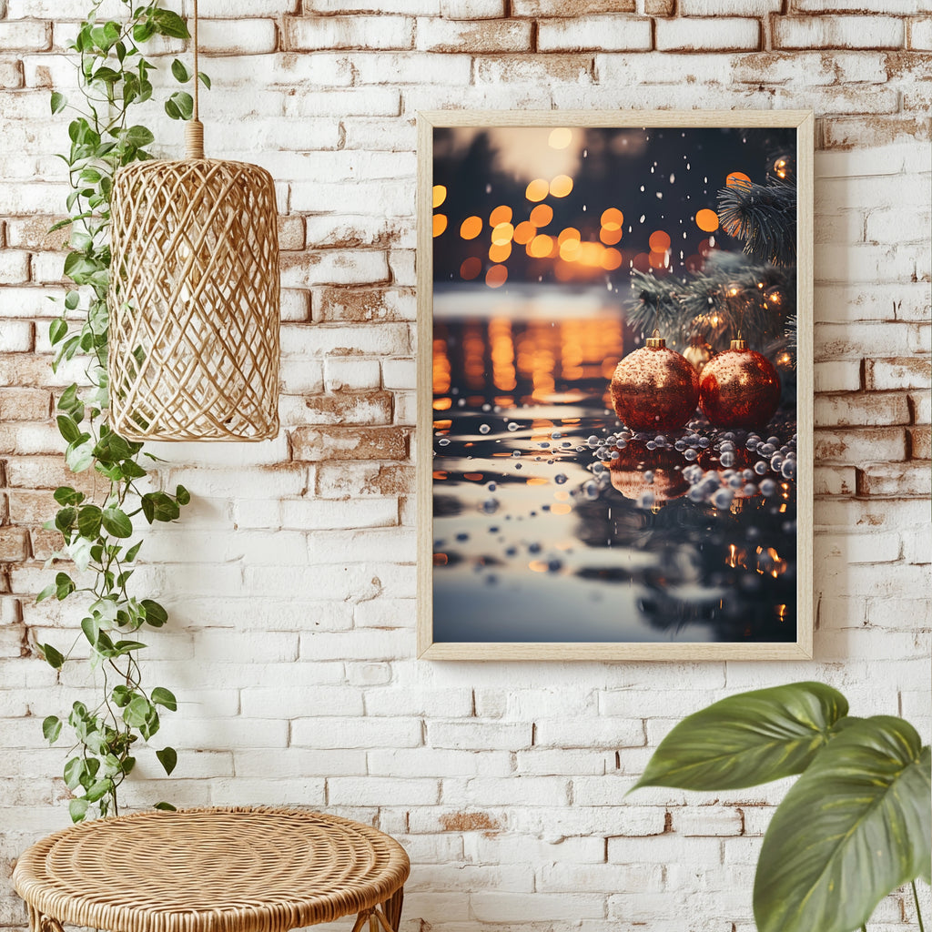 Rote Weihnachtskugeln am Wasser Poster – Raumansicht 1