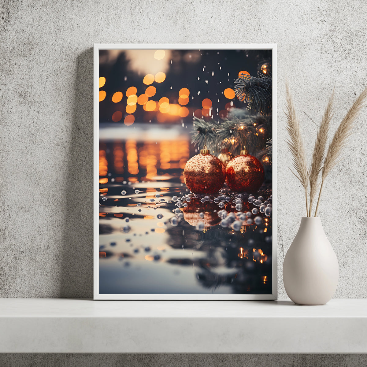 Rote Weihnachtskugeln am Wasser Poster – Raumansicht 2