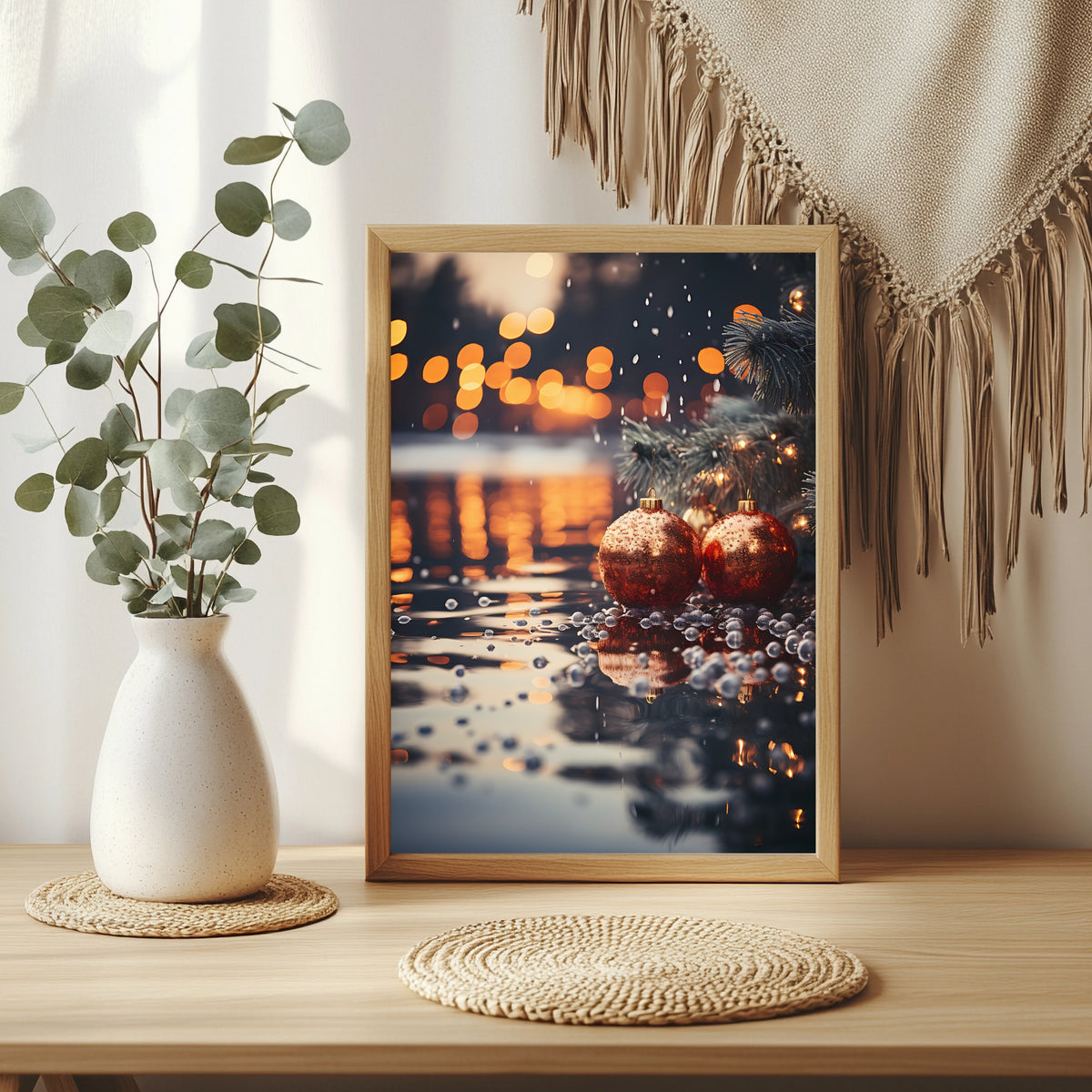 Rote Weihnachtskugeln am Wasser Poster – Raumansicht 3