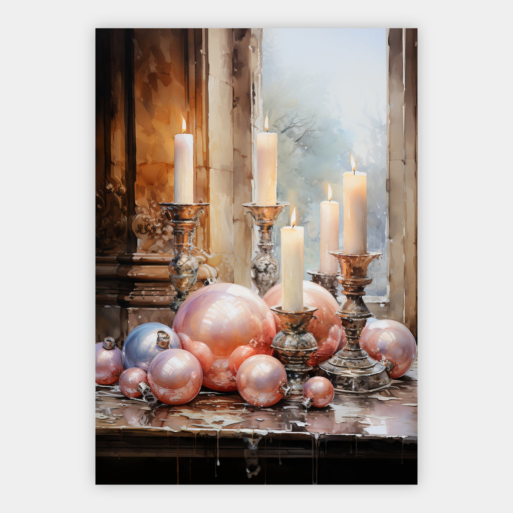 Kerzen und rosafarbene Christbaumkugeln Poster – Freisteller